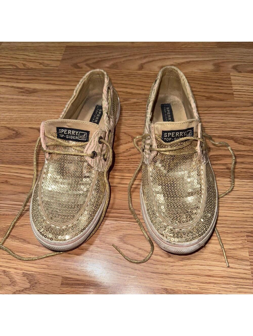 Sperry Top Siders Bahama Pale Pink And Gold Sequin Boat Shoe Size 4 Deck Zebra